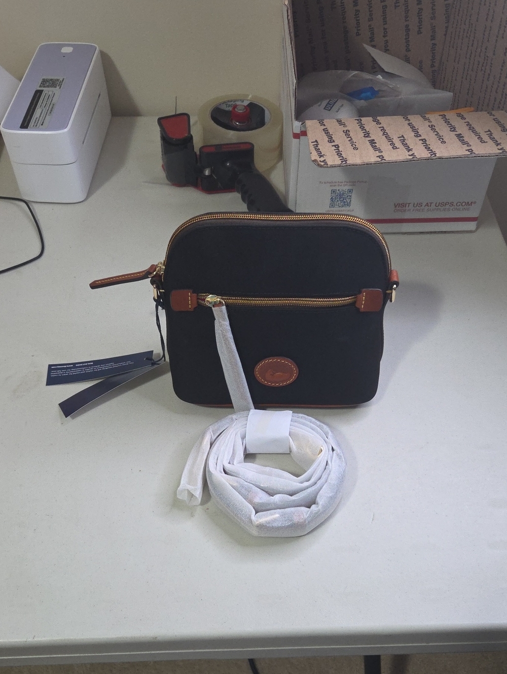 Dooney & Bourke Black Nylon Dome Crossbody with Brown Trim